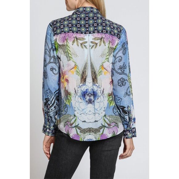 APNY Button Up Silky Blouse with Roll Up Sleeve Paisley Patchwork New Size Mediu - Picture 2 of 10